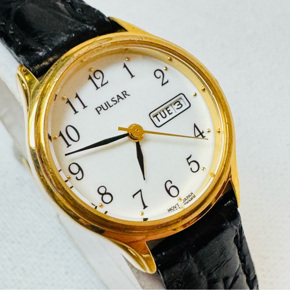 Seiko Pulsar 24mm Women's Day/Date Watch Gold Black Croco Leather VX83-X002 - Picture 2 of 14